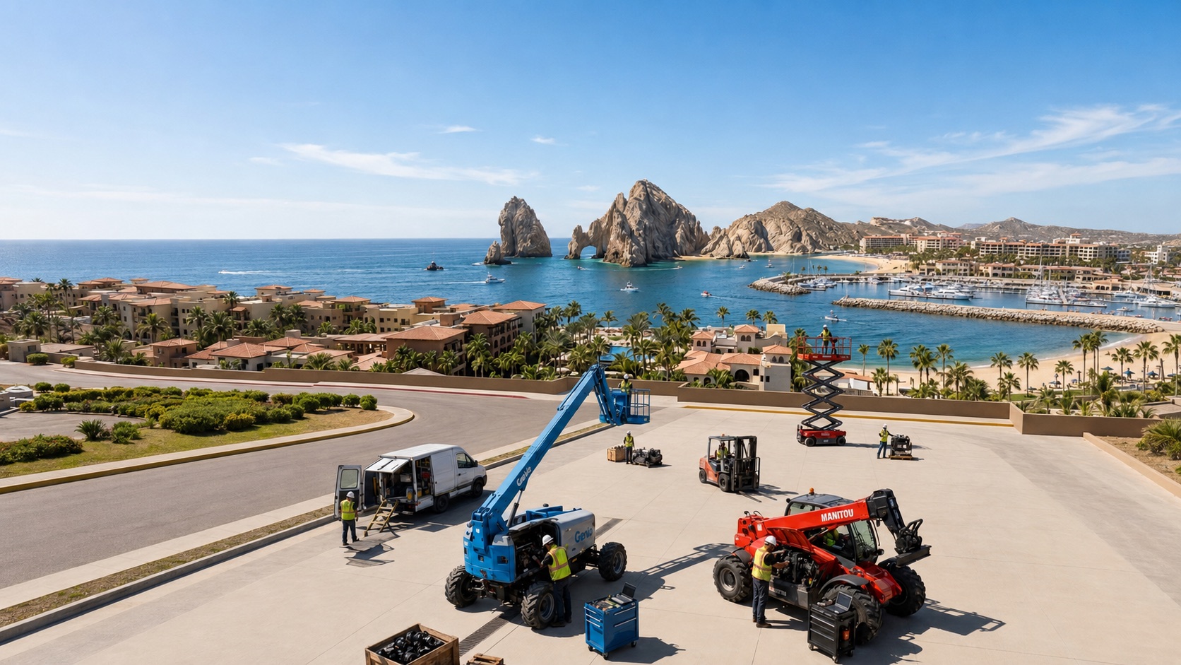 Maquinaria ELEVI operando frente al mar en Los Cabos